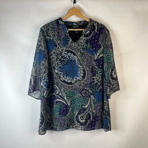 Maggie Barnes Tunic Blouse Womens 1X Blue Purple Paisley V-Neck 3/4 Bell Sleeve